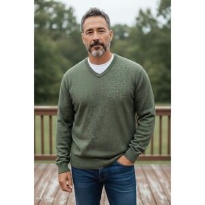 Vintage Tricots St Raphael Mens Green V Neck Merino Wool Sweater Size M